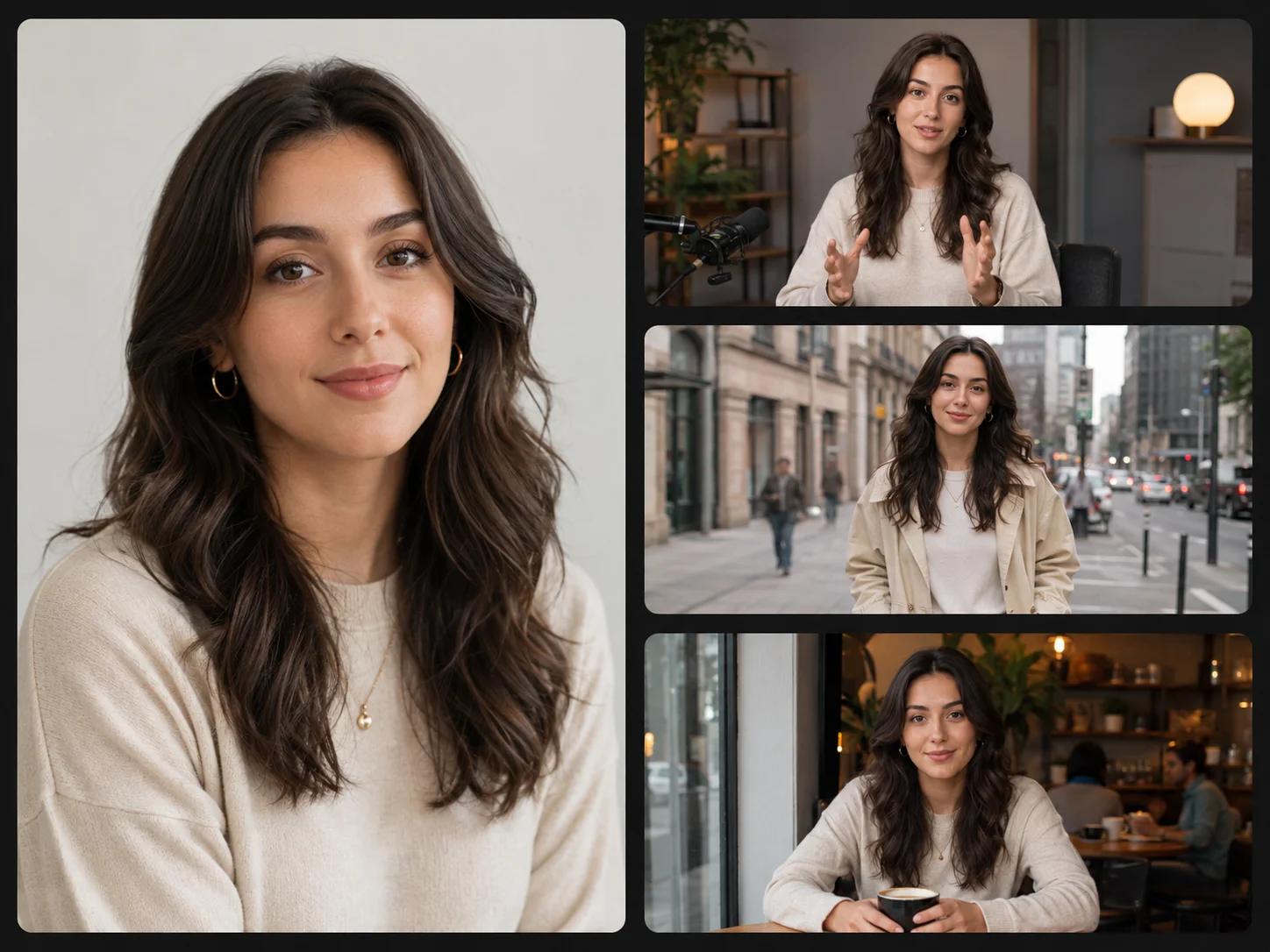 Ein Porträt als Grundlage für einen konsistenten AI-Avatar im Studio, auf einer Stadtstraße und in einem Café