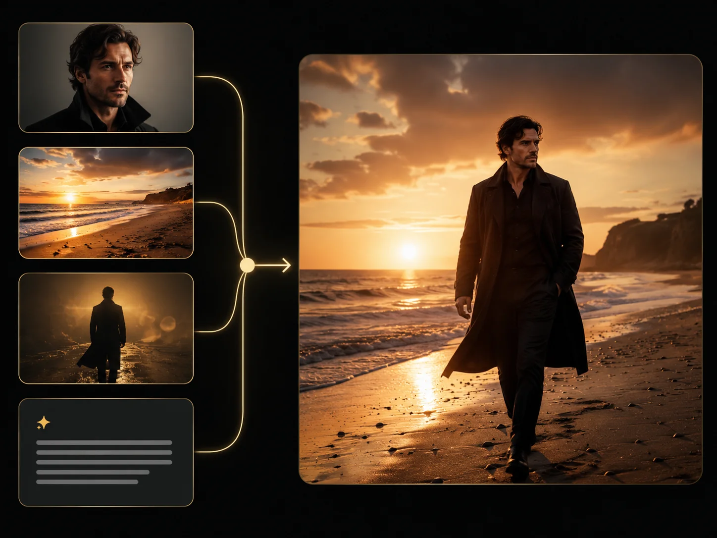Character, background, style, and text references combined into one cinematic beach scene