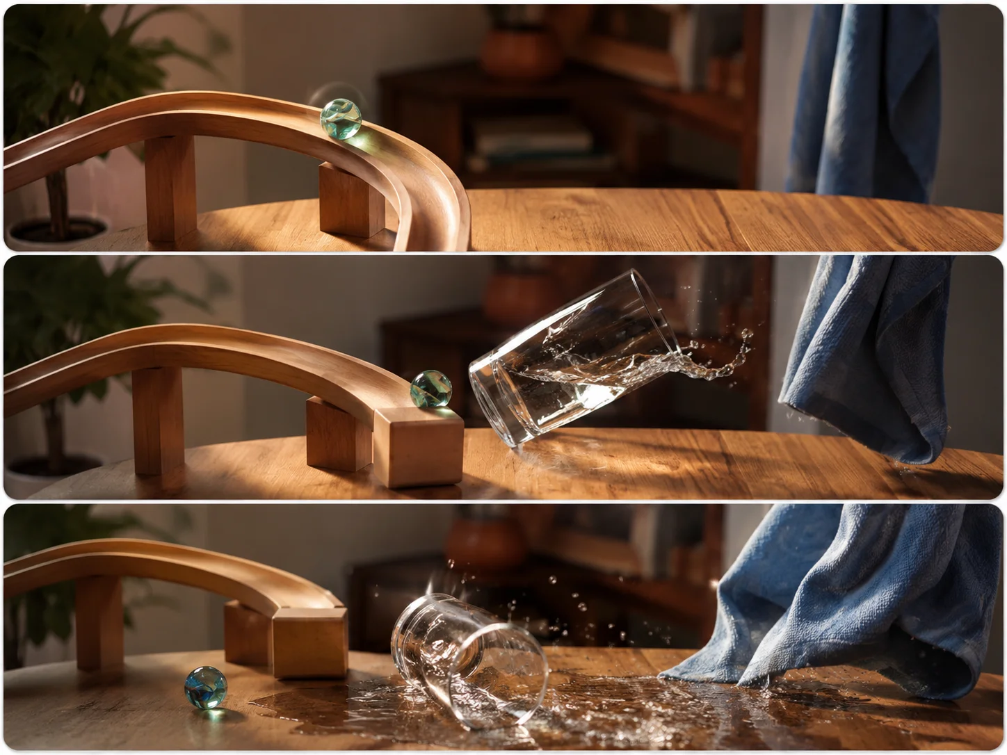 Drei Bilder einer Murmel, die eine Bahn hinabrollt, ein Glas umstößt und Wasser verschüttet