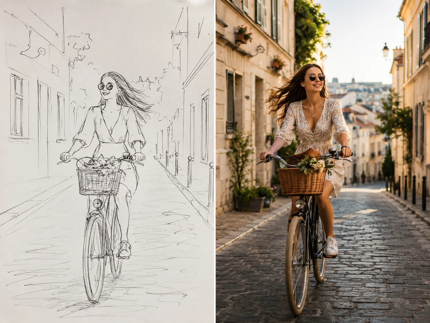 Handgezeichnete Skizze einer Fahrradfahrerin als fotorealistisches Videobild